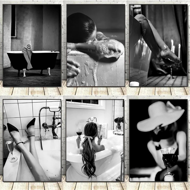 Vintage Fashion Art - Black and White Woman Bathroom Canvas