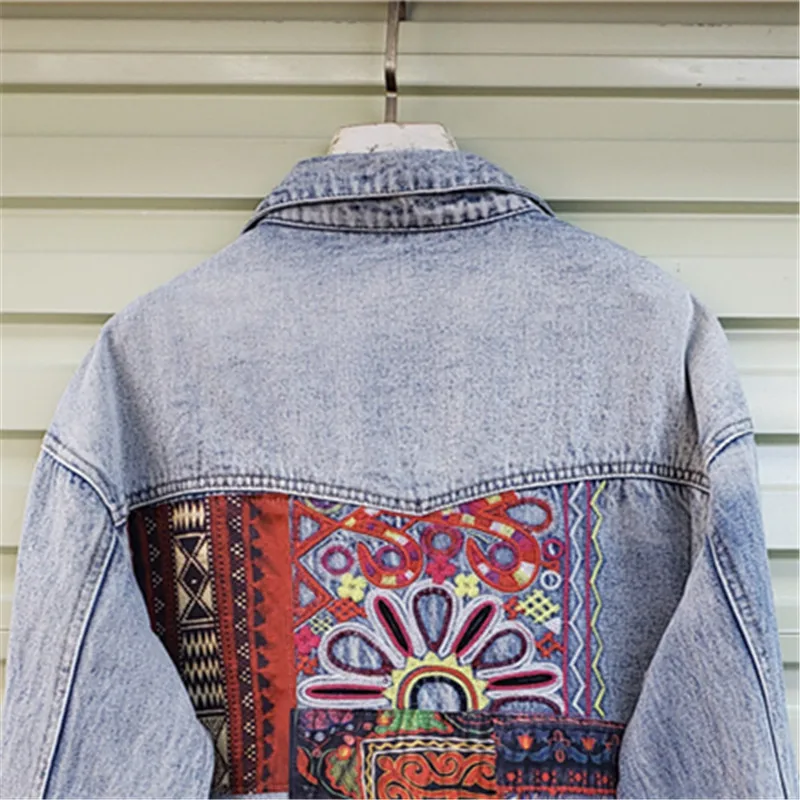 Patchwork Jean Jacket - Bohemia Embroidery Splicing Big Pocket Denim