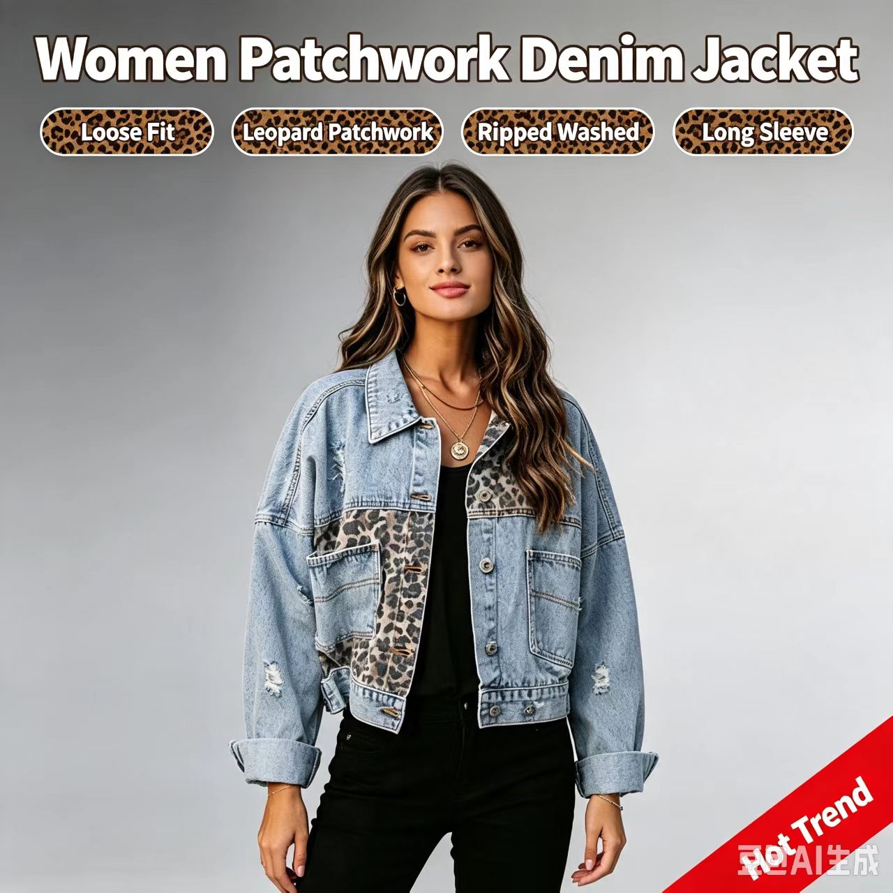 2026 Streetwear Women Leopard  - огляд і ціна Patchwork Jean Jacket